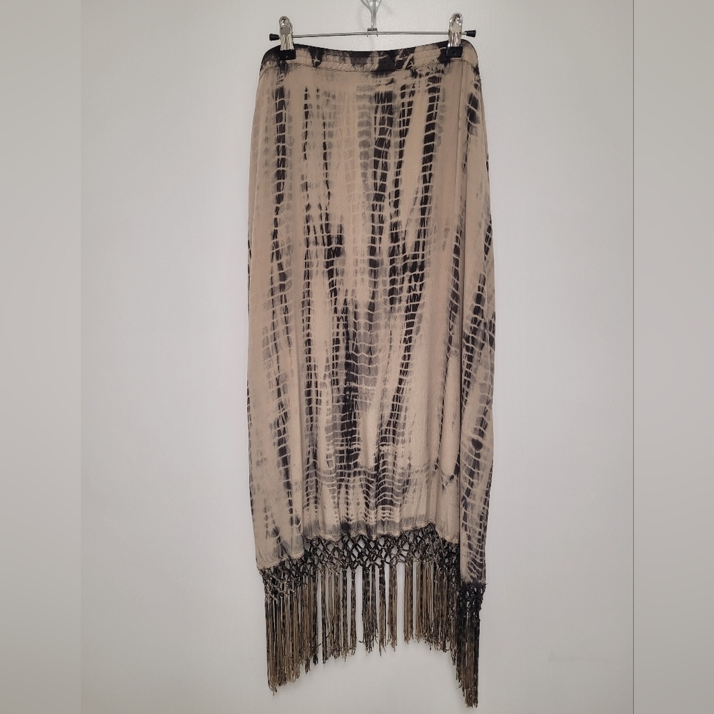 ***Flawed***Chico’s Tie Dye Fringe Boho Maxi Skirt sz 2(L) Petite